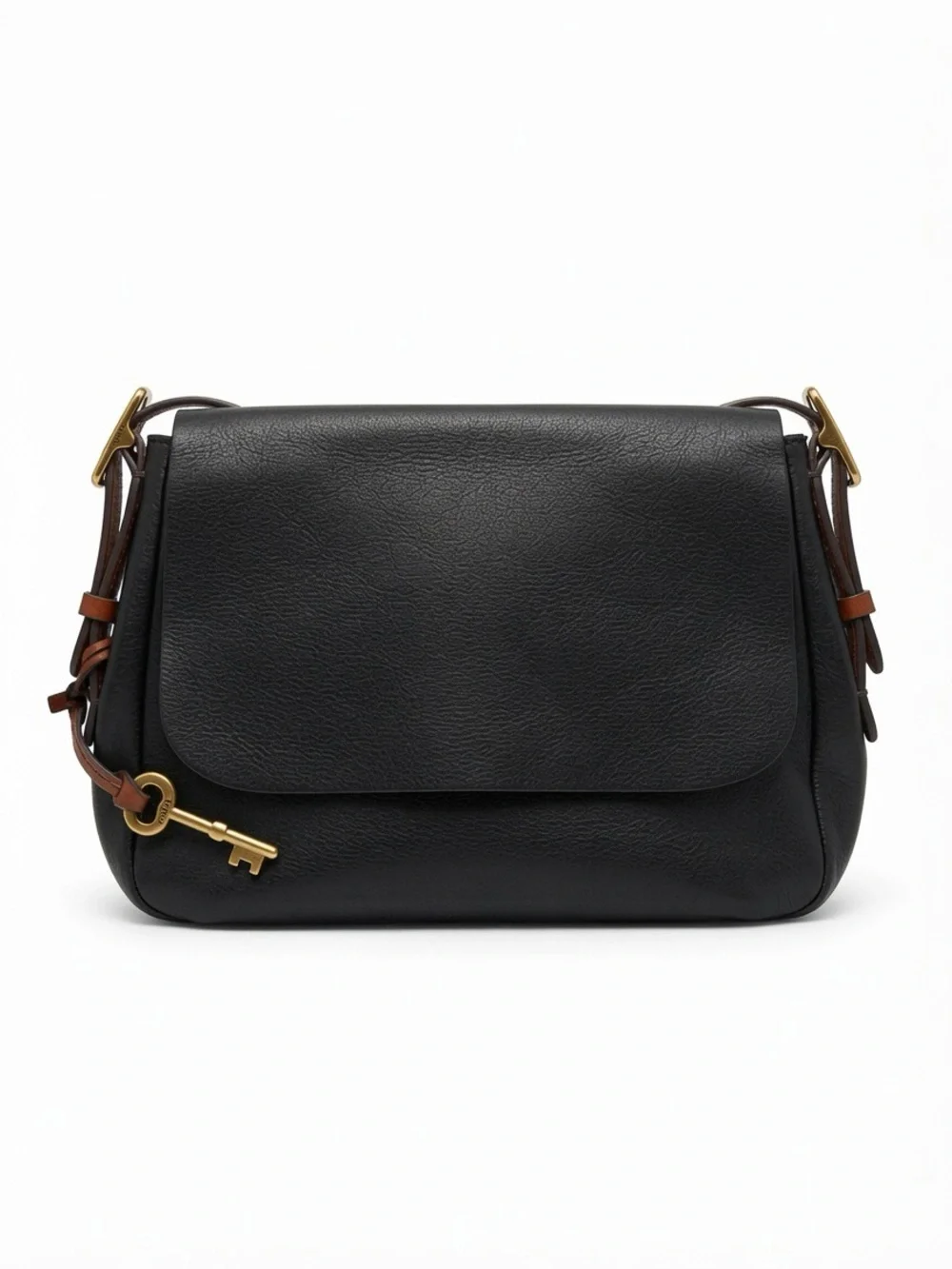 Fossil Black Soft Leather Crossbody Bag Gold Key Charm